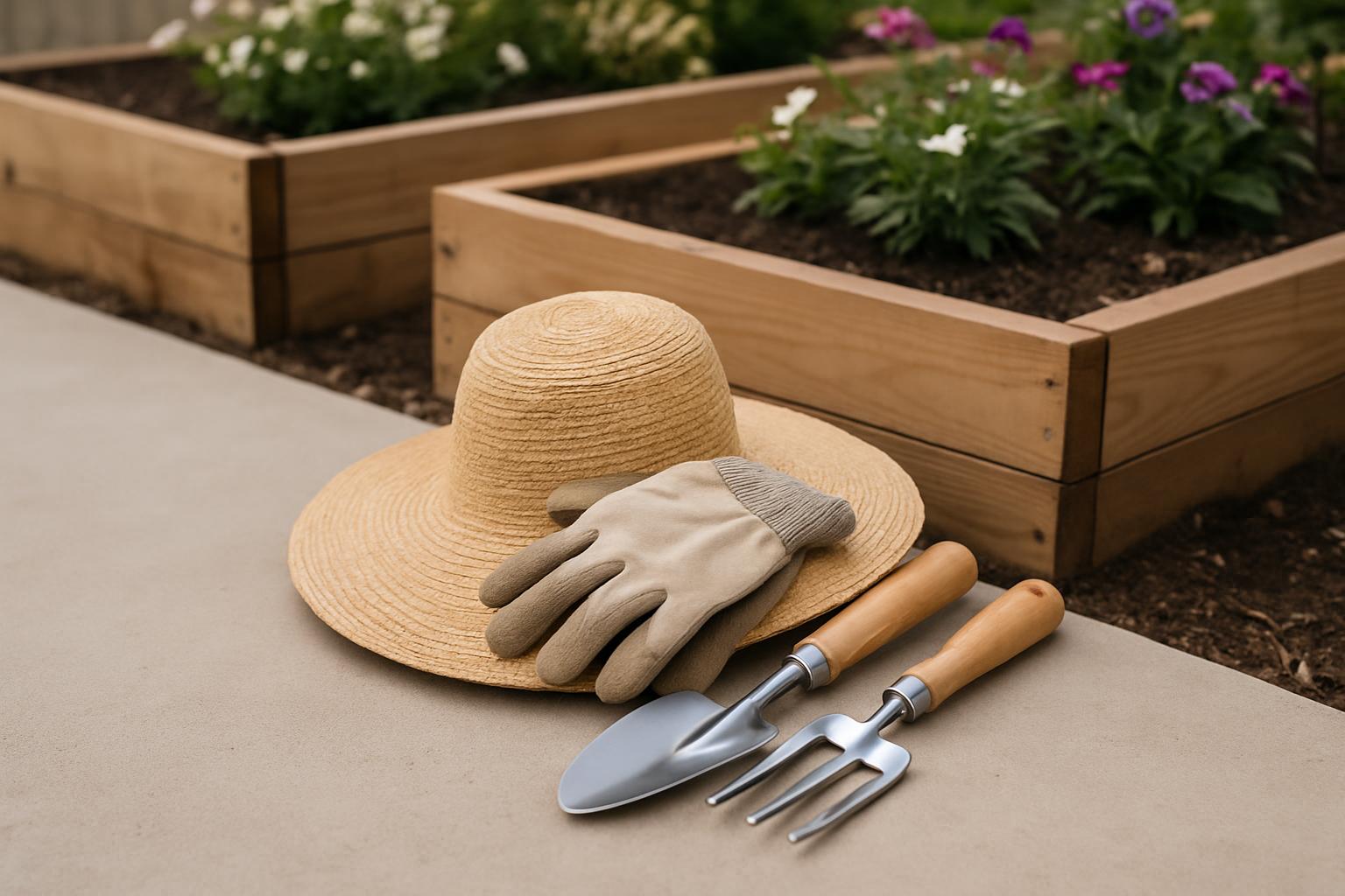 A collection of gardening tools, including a straw hat, garden trowel, cultivator, and work glove, arranged on a concrete ...