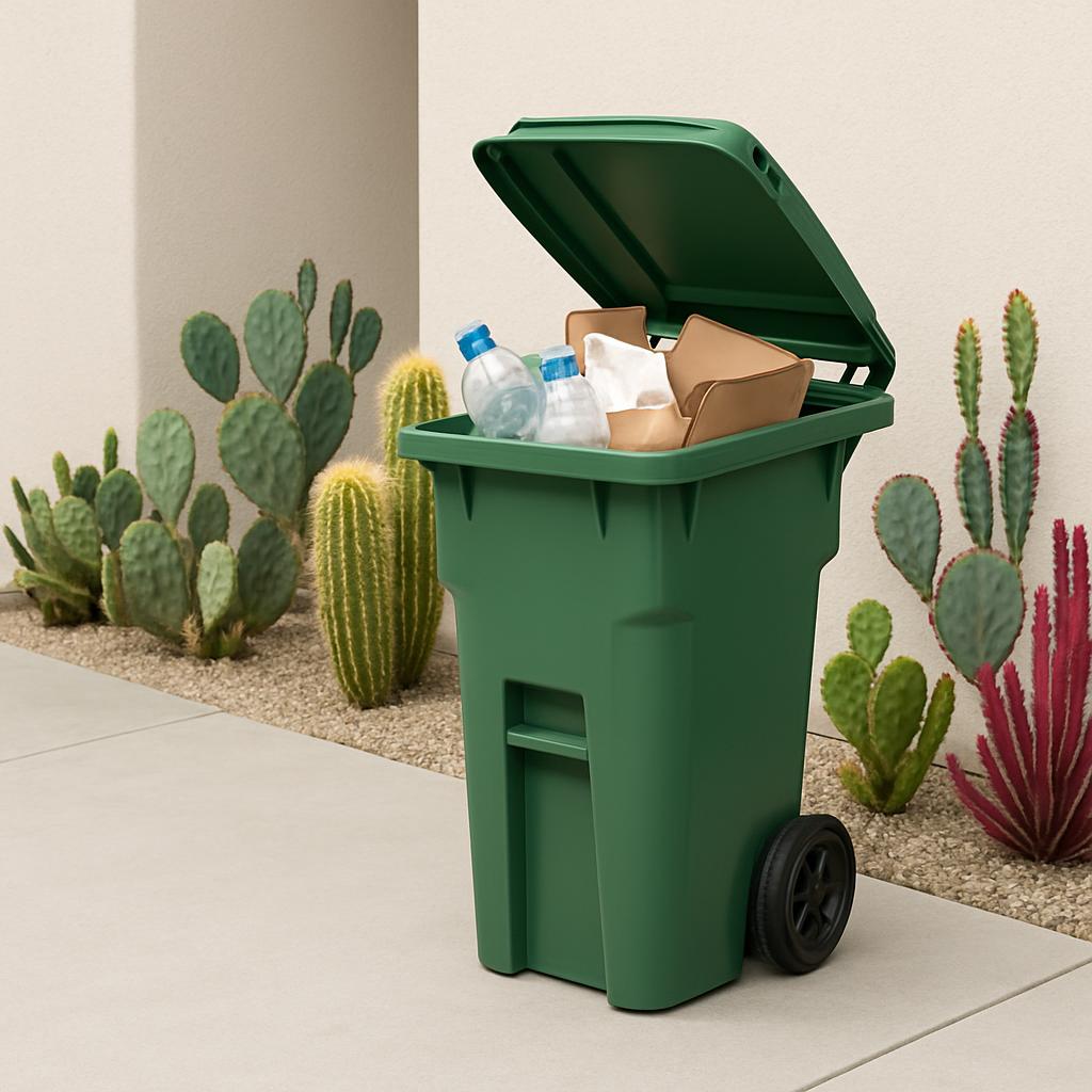 English (United States) The image's alt text reads: "A green plastic recycling bin filled with plastic and paper items sit...
