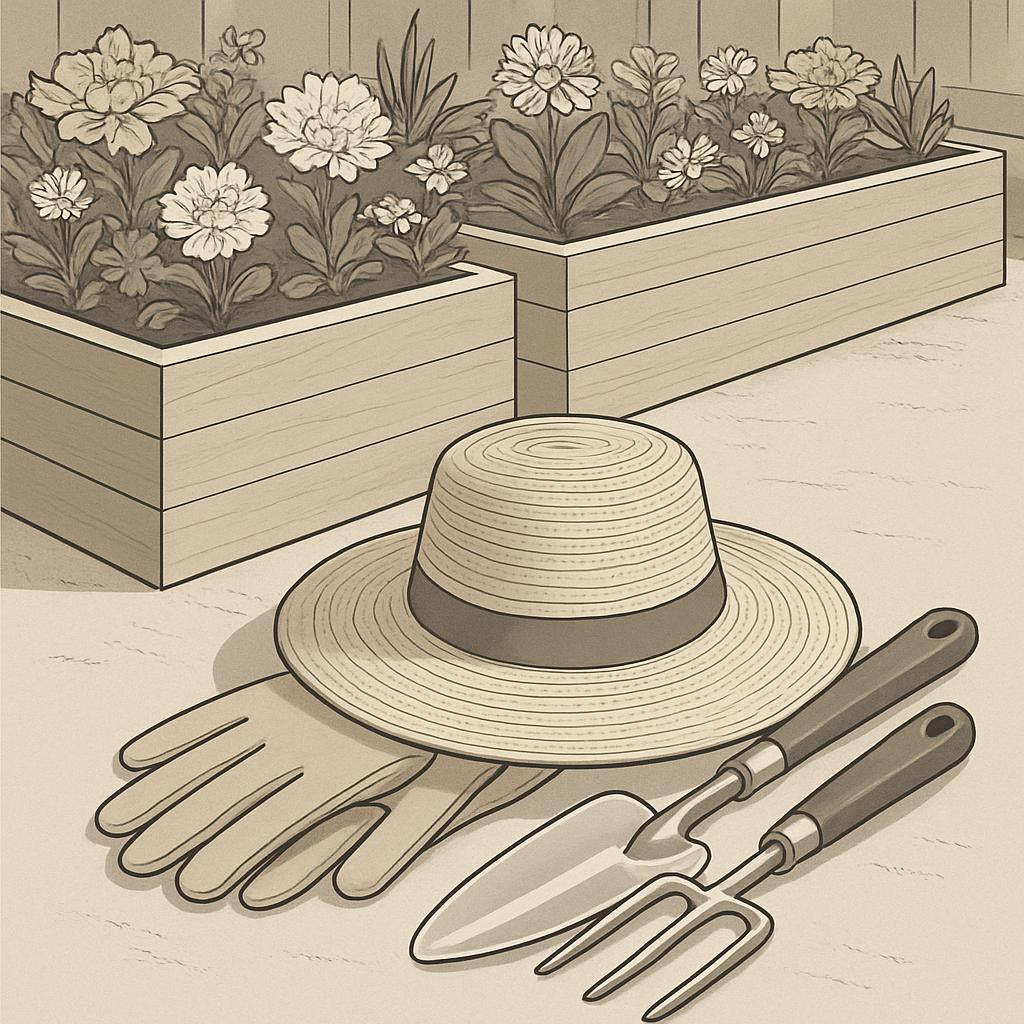 ALT TEXT: An illustration depicting a gardening-themed scene, featuring a garden fork, trowel, gardening gloves, and a hat...