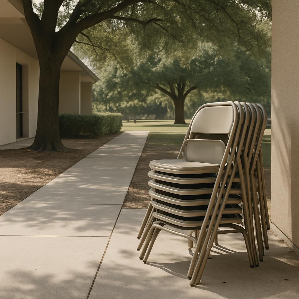 A stack of tan metal folding chairs sit outside on a concrete porch of a light beige building, shading the concrete walkwa...