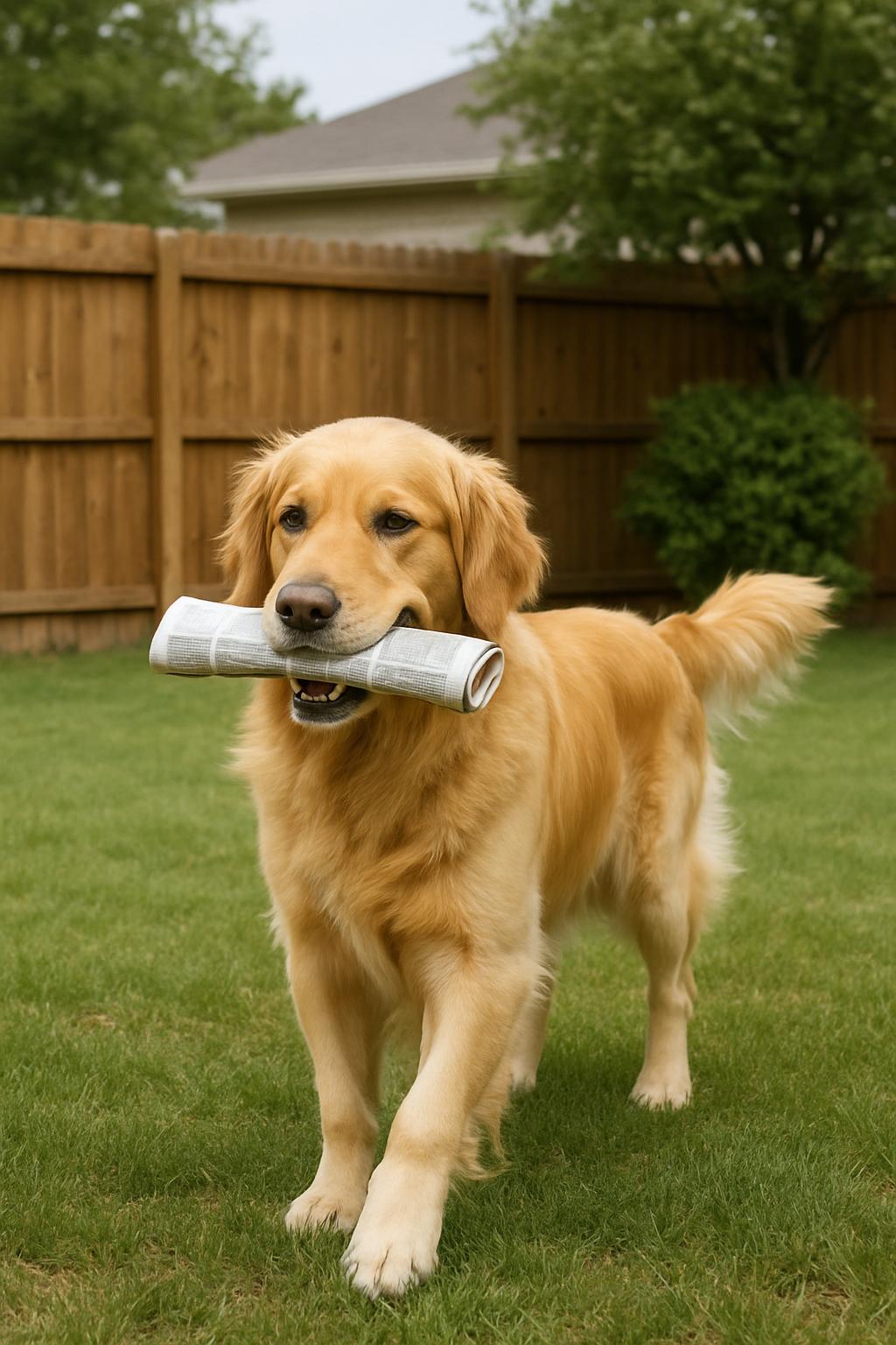 Golden retriever gripping rolled-up newspaper by mouth; dog stands on grass with wooden fence as background.