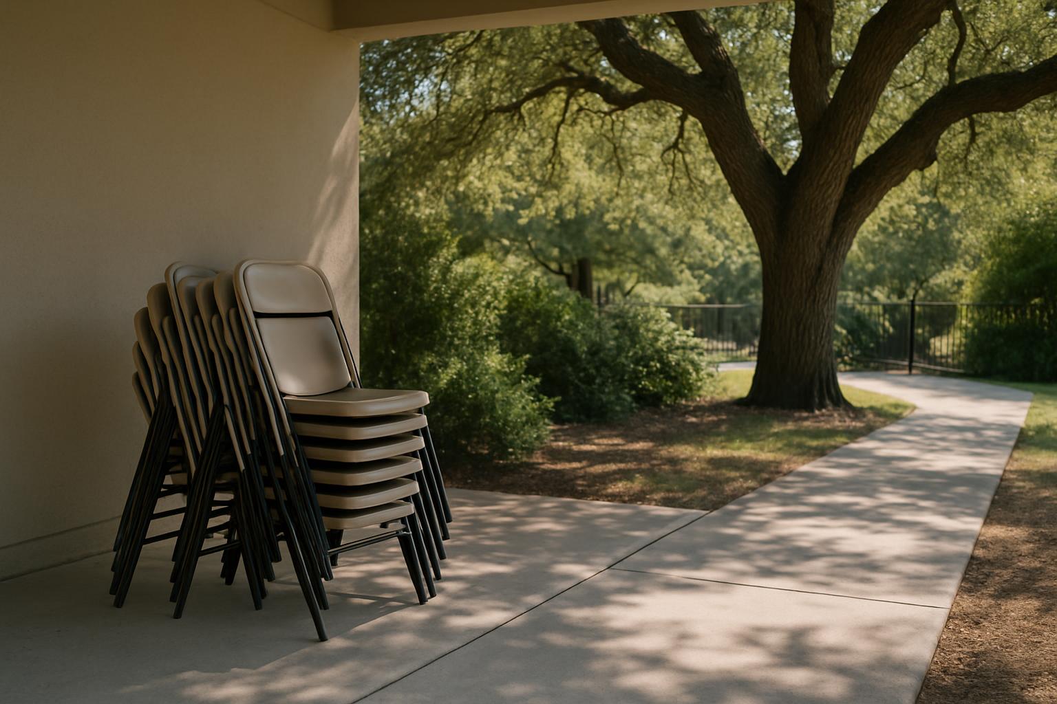 Stacked metal folding chairs in sheltered light beside walkway surrounded by trees, along with a fence in the background. ...